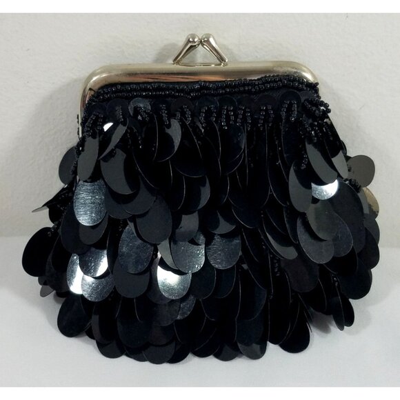 Sequined Change Purse 4" Black with large sequins and beads - Picture 1 of 6